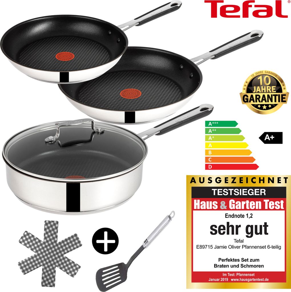Tefal E76 Jamie Oliver Pfannenset Induktion 6 TLG- Set 16, Pfannen Schmorpfanne mit Deckel 25cm Hoher Rand, Pfanne 20cm + 24 cm, inkl. Zubehör