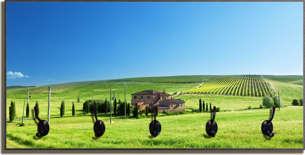 Wallario Flurgarderobe Wandgarderobe aus Holz, mit 5 Haken, Größe 80 x 40 cm, Motiv Farm in der Toskana