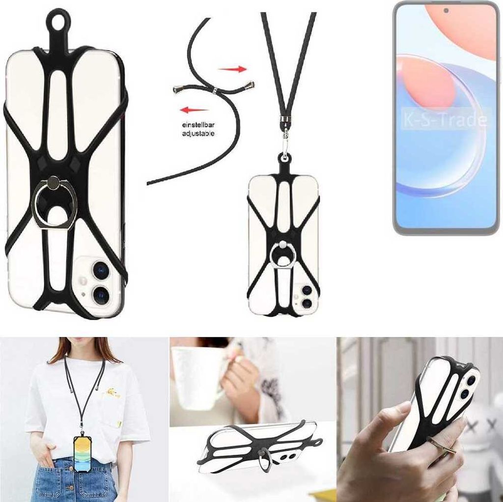 K-S-Trade 3in1 Handykette Handyband Handykordel Halsband Smartphone-Ring Handy-Ring kompatibel mit Honor Play 8T Fingerhalterung Handyring