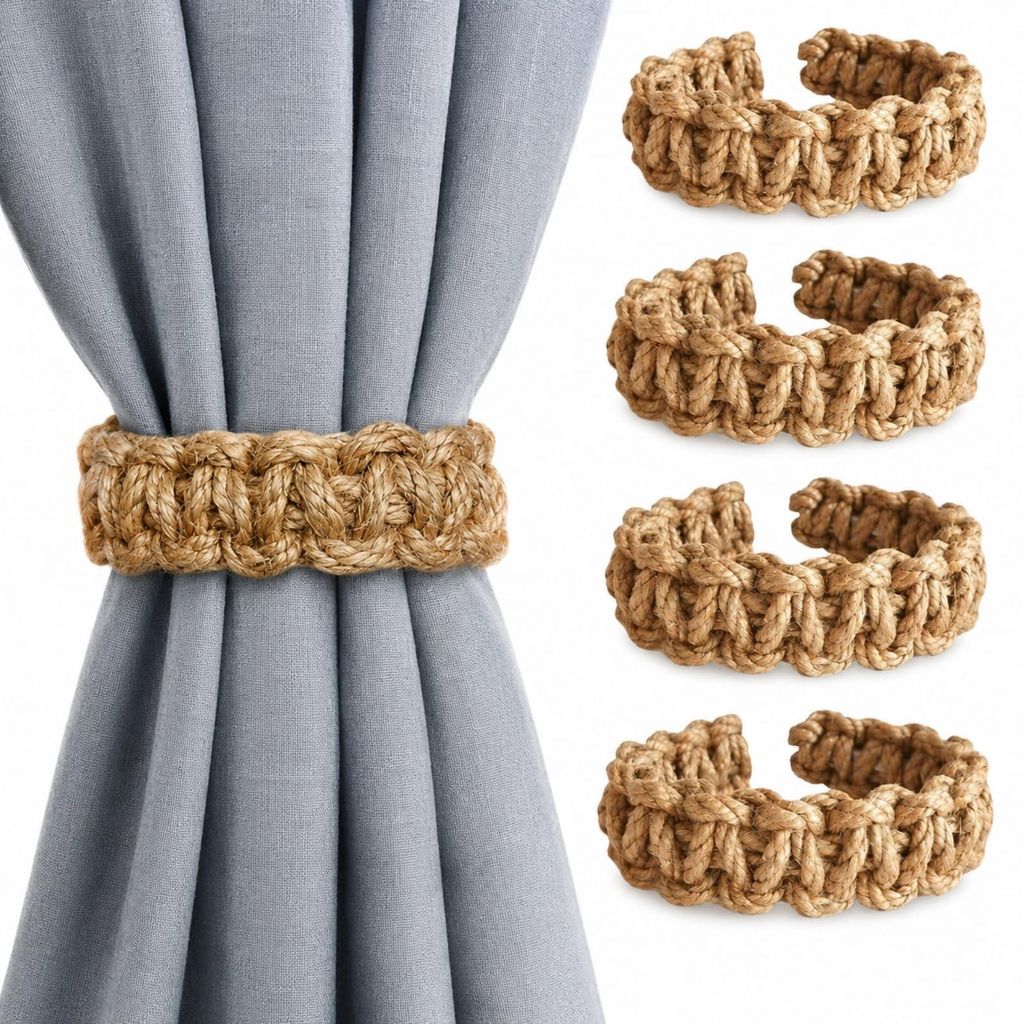 Set mit 4 Leinen-Raffhaltern – Boho-Gardinenhalter aus Webstoff, kein Bohren erforderlich, Clip-Halter für Gardinen und Schals, Naturfarbe, 24 x...