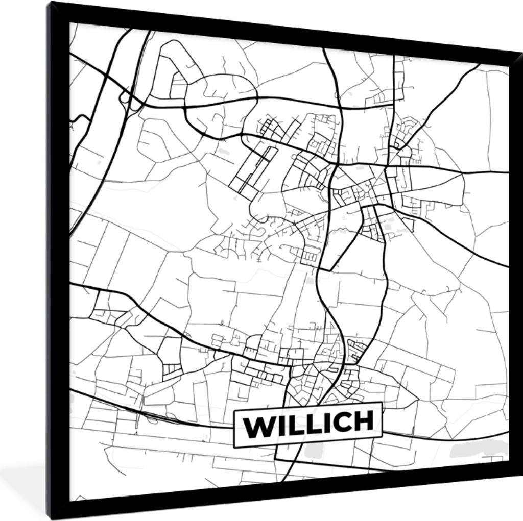 MuchoWow Gerahmtes Poster Willich - Karte - Stadtplan 40x40 cm - Poster mit Schwarzem Bilderrahmen Wandposter Rahmen Foto Bilder - Mit Rahmen - W...