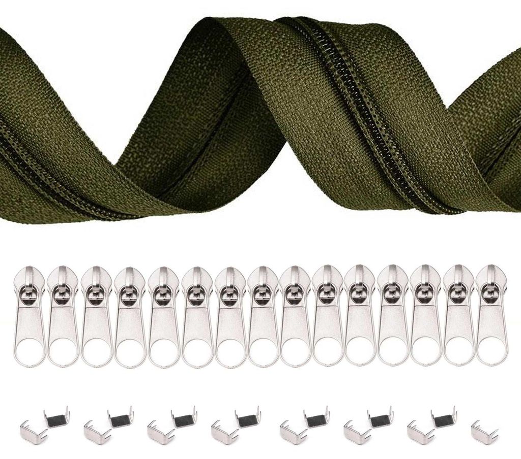 6m Endlos-Reißverschluss 5mm mit 15 Zippern und 15 Endstücke khaki