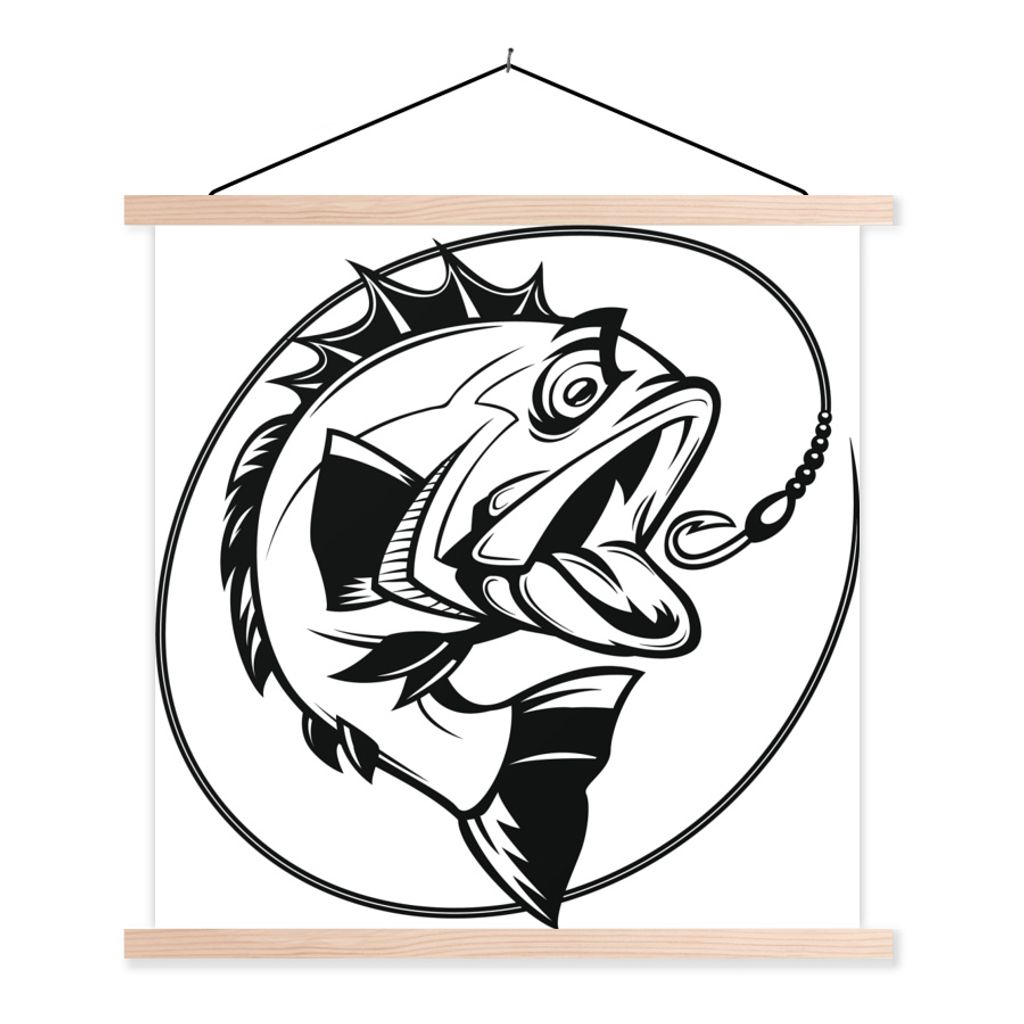 MuchoWow Textilposter Eine Cartoon-Illustration eines Fisches am Haken 120x120 cm mit holzfarbenen Rahmen - Textil-Poster