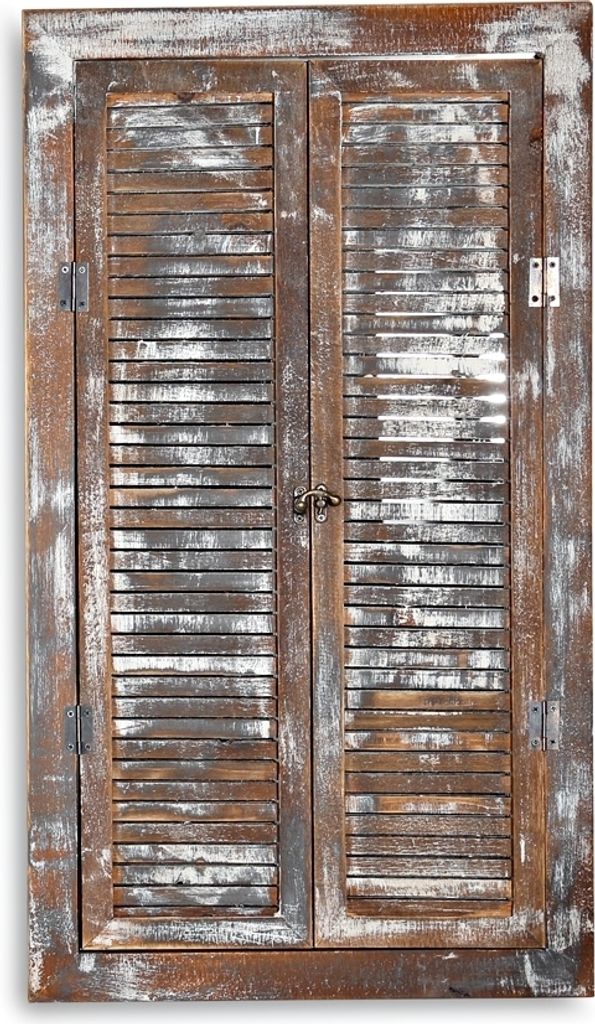 A rustic, weathered wooden mirror with shutter-style doors.