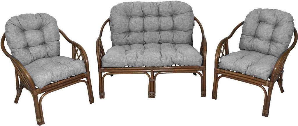 A set of rattan furniture including two armchairs and a loveseat, all with gray cushions, displayed on a white background.
