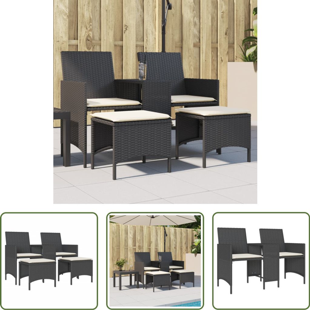 The Living Store Gartensofa 2-Sitzer mit Tisch und Hockern Schwarz Poly Rattan