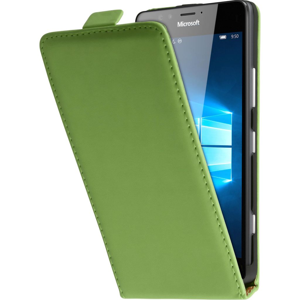 PhoneNatic Kunst-Lederhülle kompatibel mit Microsoft Lumia 950 - Flip-Case grün + 2 Schutzfolien