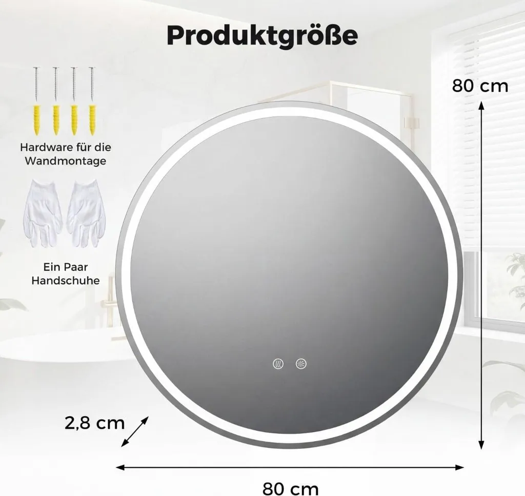 Miroir rond LED 80 cm dimmable avec éclairage tactile haute qualité - 2