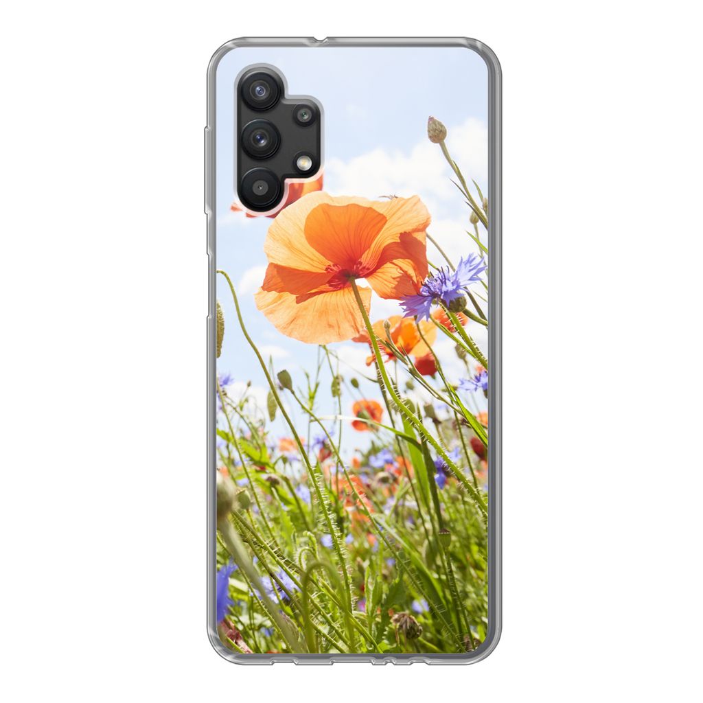 MuchoWow Handyhülle Schutzhülle Hülle für Samsung Galaxy A32 5G Blumen - Mohn - Frühling - Natur - Rot - Blau Silikon Softcase Handy Hülle ...