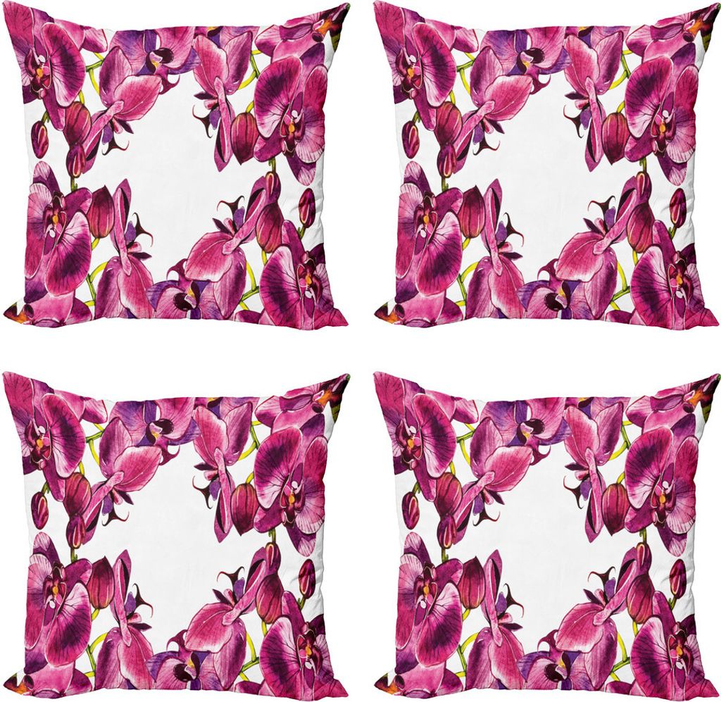ABAKUHAUS Blumen Kissenbezug Set (4 Stück), Frische Frühlings-Orchideen Kunst, Moderner Doppelseitiger Digitaldruck, 40 cm x 40 cm, Magenta Violett