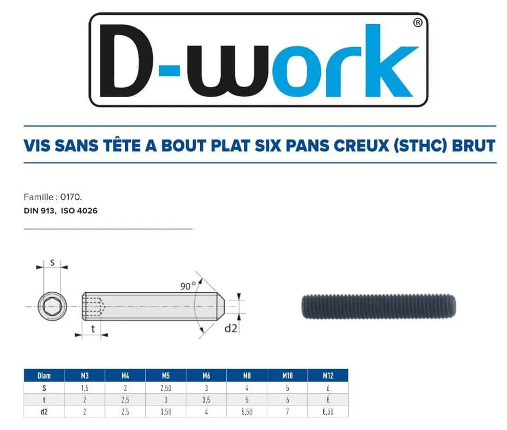 200 Vis sans tête 6 pans creux M10 x 16 mm DIN 913 STHC D-Work Brut
