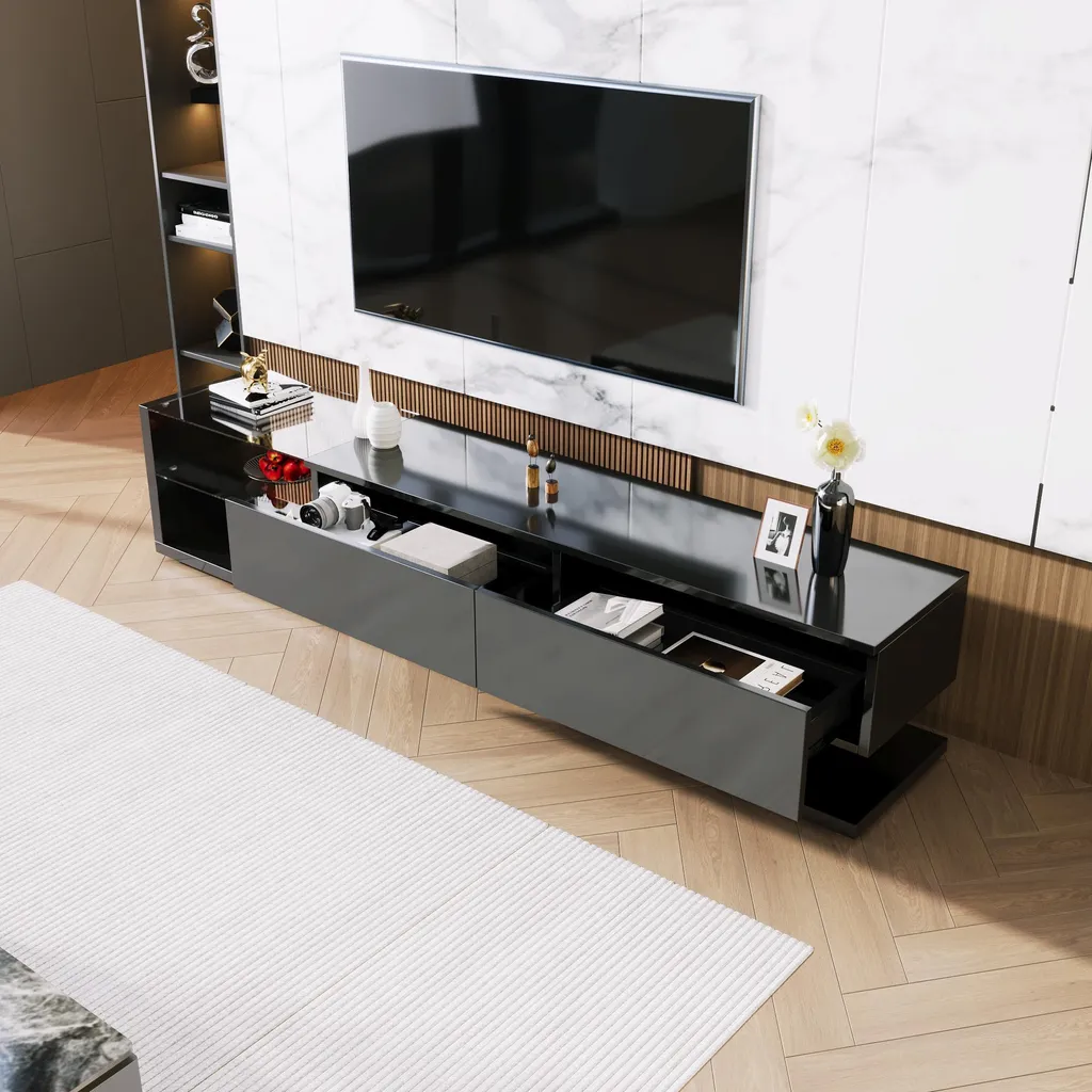 Meuble TV LED variable bicolore noir et bois avec vitre fixe