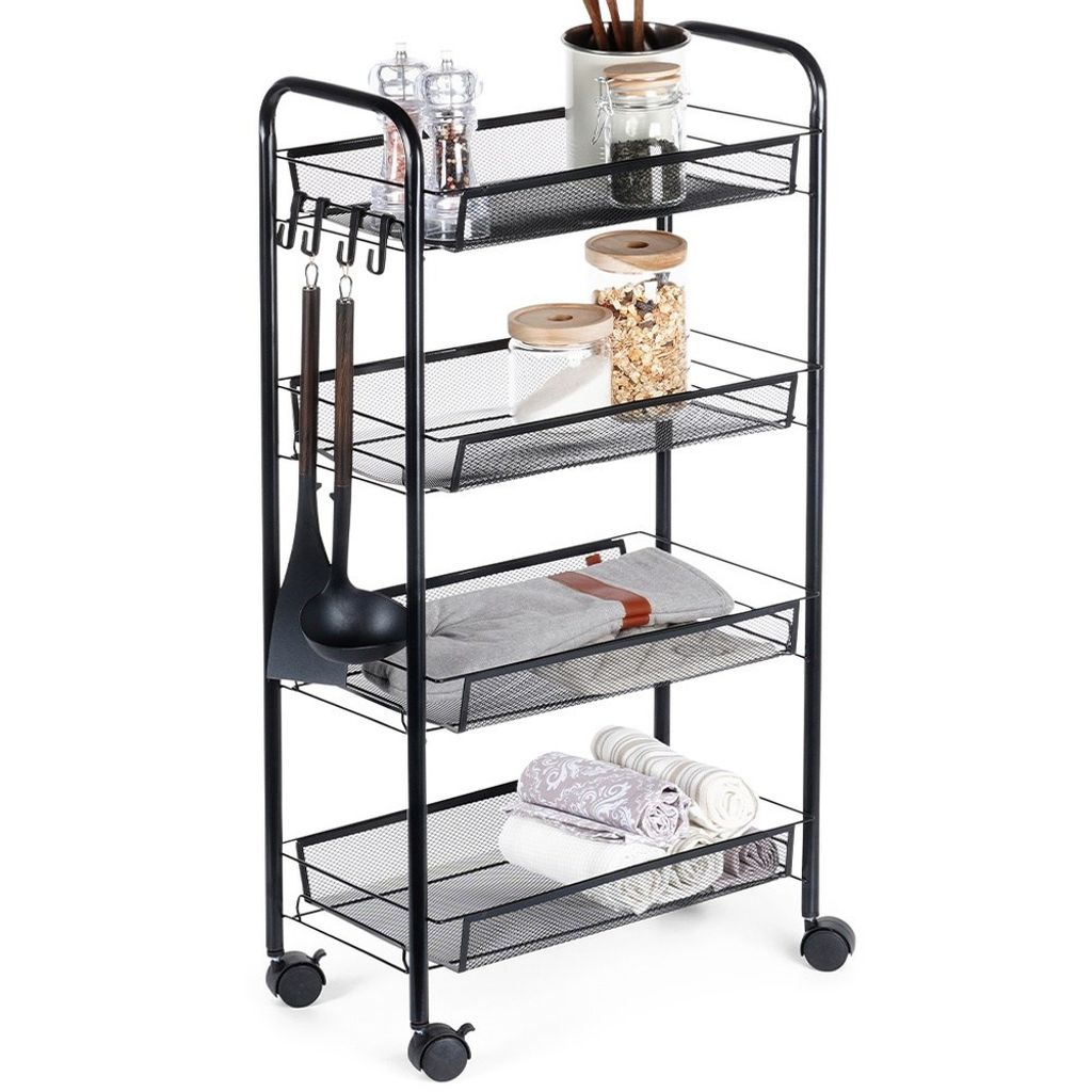 A black metal rolling cart with four shelves, filled with kitchen items and towels.