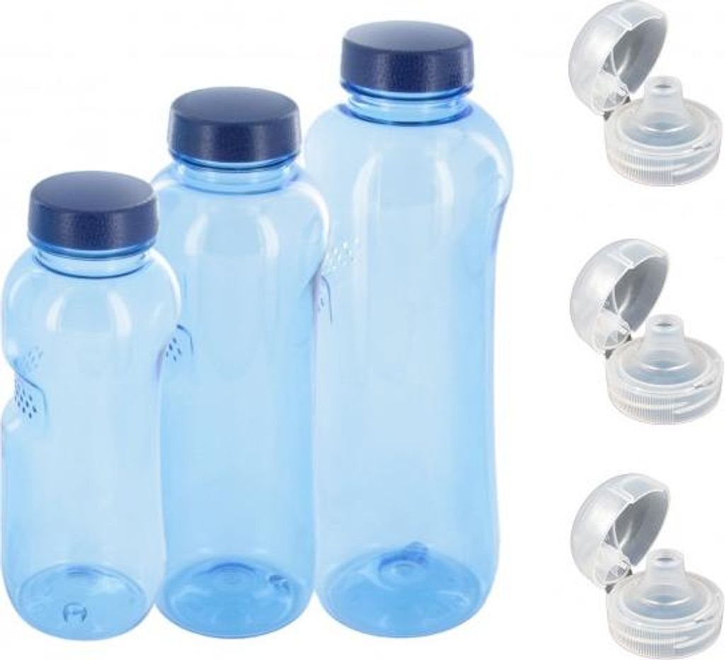 Original Kavodrink Tritan 0,5 + 0,75 + 1 L Wasserflasche BPA frei + 3 x Trinkdeckel Flip Top Trinkflasche