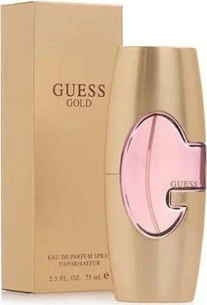 A gold-colored perfume bottle and its packaging.
