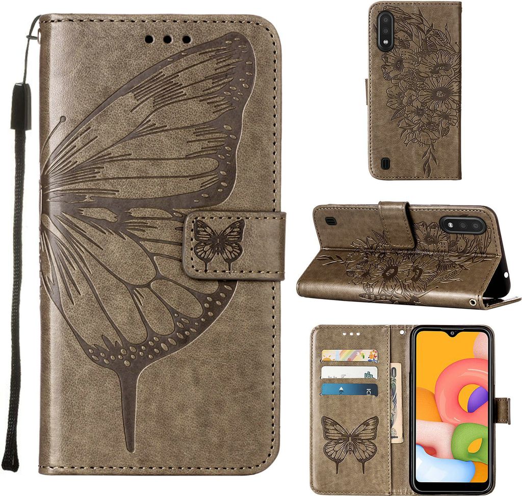 Galaxy A01 Hülle, Schmetterling Prägung Flip Leder Kartenfächer Schutzhülle Ledertasche mit Ständer für Samsung Galaxy A01 Grau