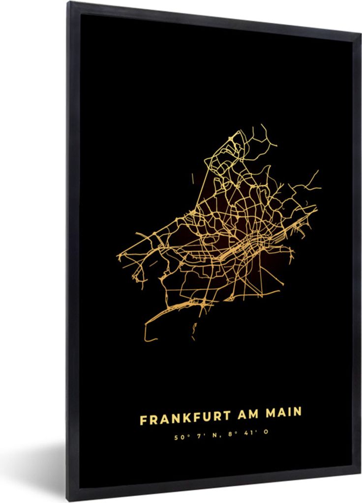 MuchoWow Gerahmtes Poster Frankfurt - Karte - Gold - Stadtplan 20x30 cm - Poster mit Schwarzem Bilderrahmen Wandposter Rahmen Foto Bilder - Druck...