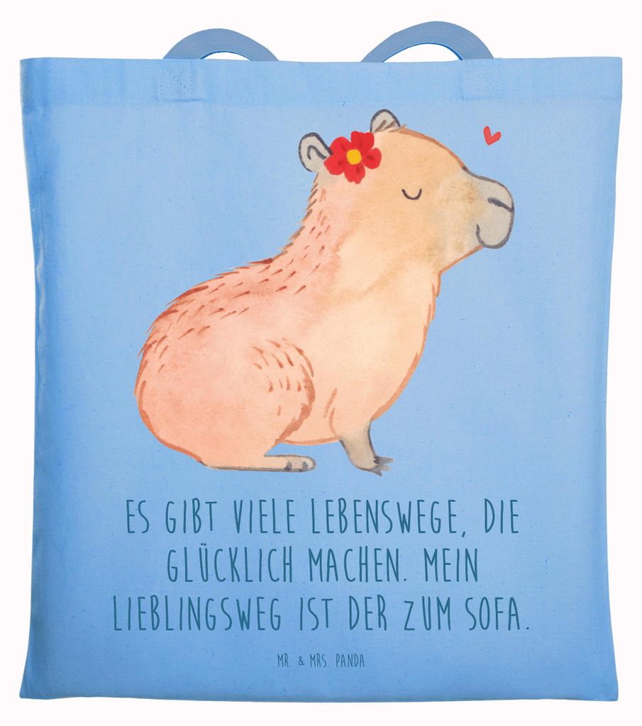 Mr. & Mrs. Panda Schultasche Capybara Blume - Sky Blue - Geschenk, Tasche, Laptoptasche, Shopping, Lustige Sprüche, Tote Bag, Tragetasche, Jutebeutel