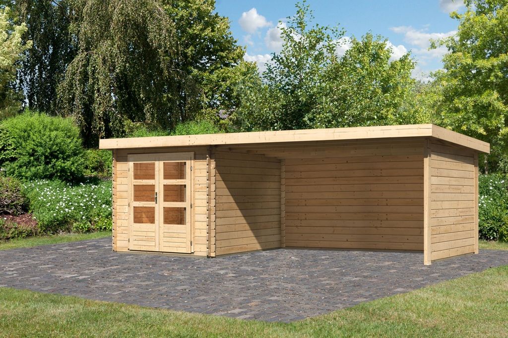 Gartenhaus Blockbohlenhaus Gerätehaus Bastrup 4 im Set mit Anbaudach 4 m breit, 28 mm Seiten - und Rückwand naturbelassen 680x297x222 cm