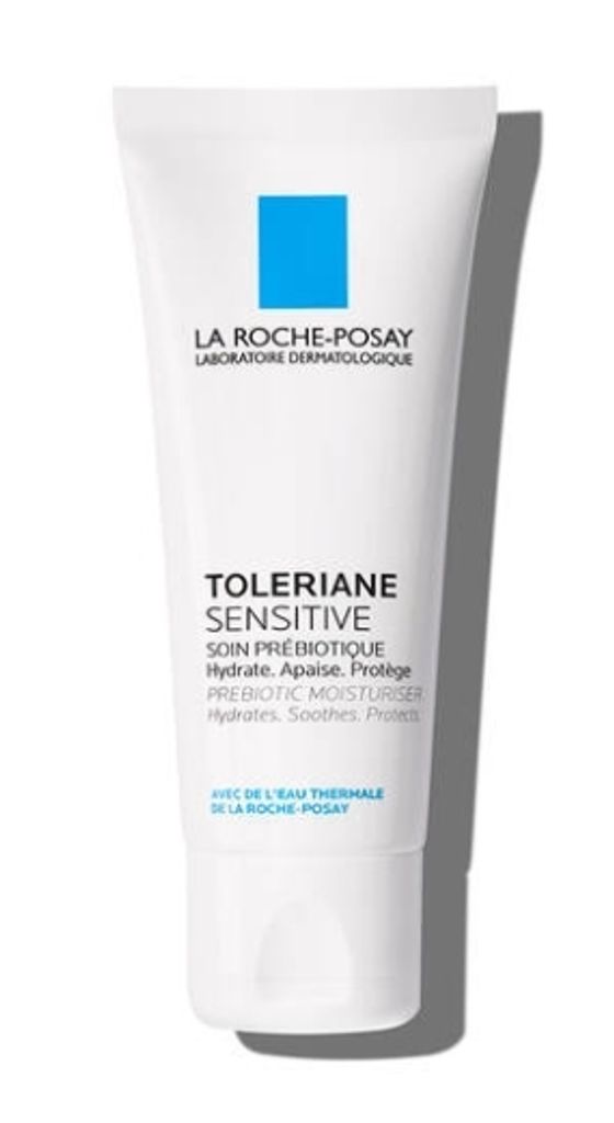 A white tube of La Roche-Posay Toleriane Sensitive Prebiotic Moisturiser is shown against a white background.