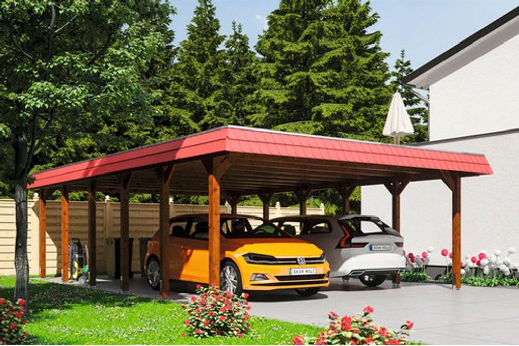 Doppelcarport SKAN HOLZ Spreewald rote Blende inkl. Pfostenanker, EPDM Folie 585 x 893 cm nussbaum