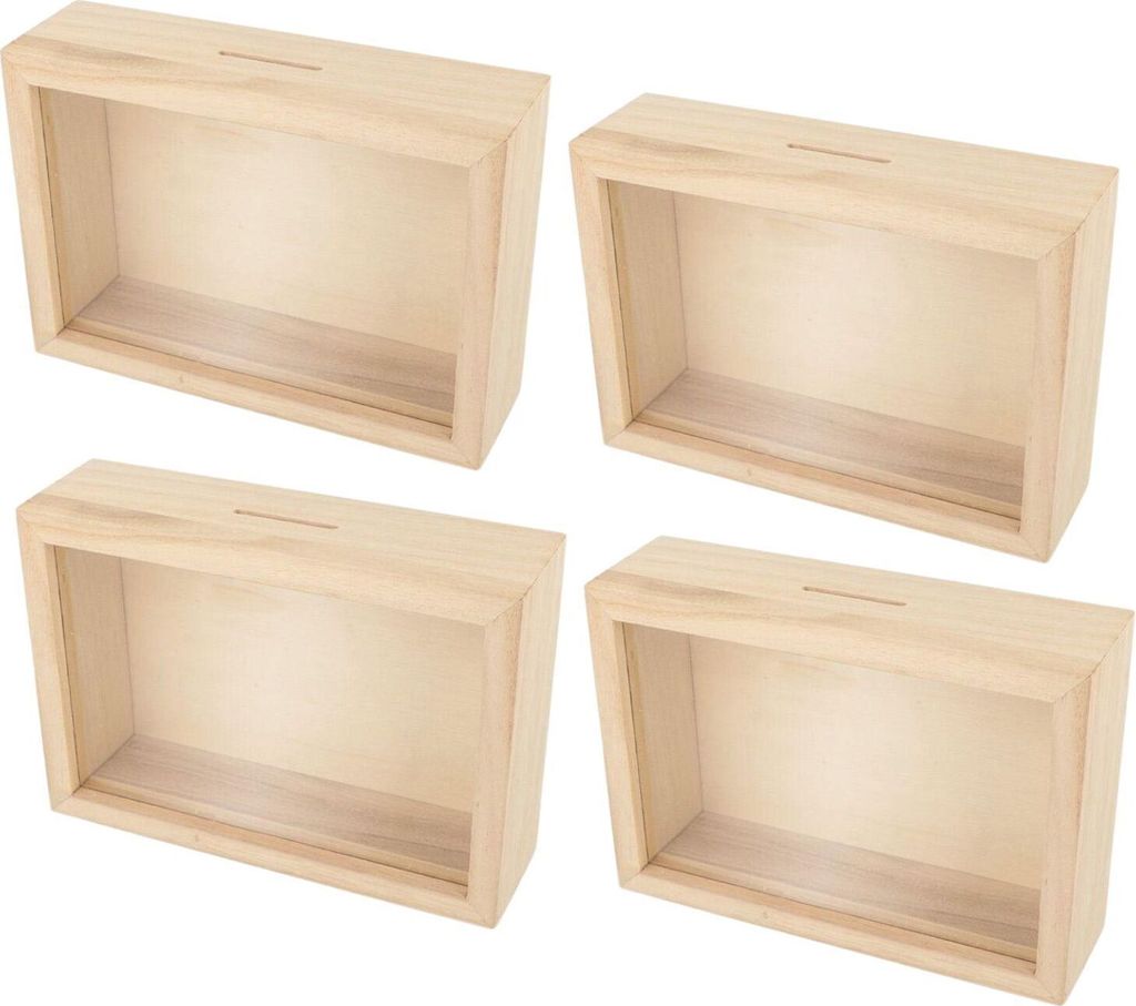 4 Sparschweine mit Holzrahmen zum Dekorieren 12 x 17 cm