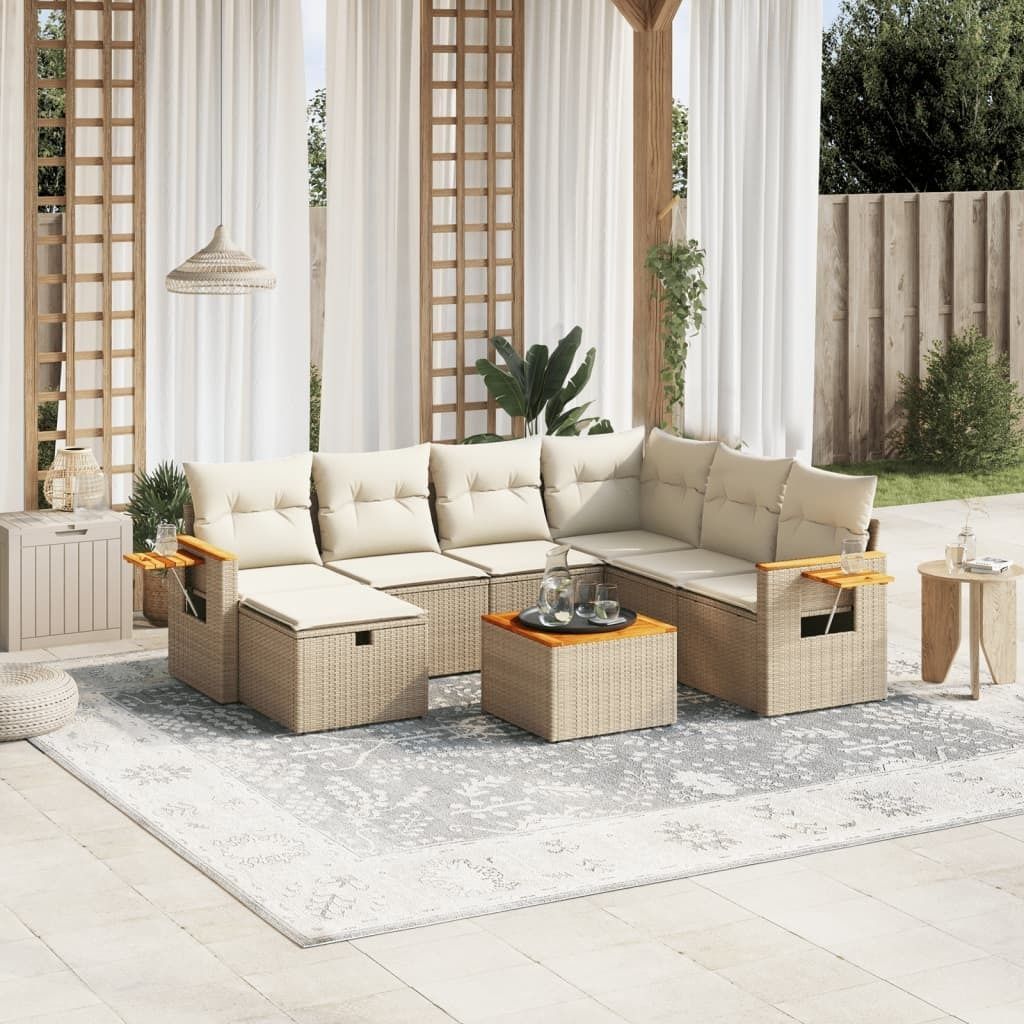Design 8-tlg. Garten-Sofagarnitur mit Kissen Beige Poly Rattan, Gartenmöbel-Sets 2024 Neu