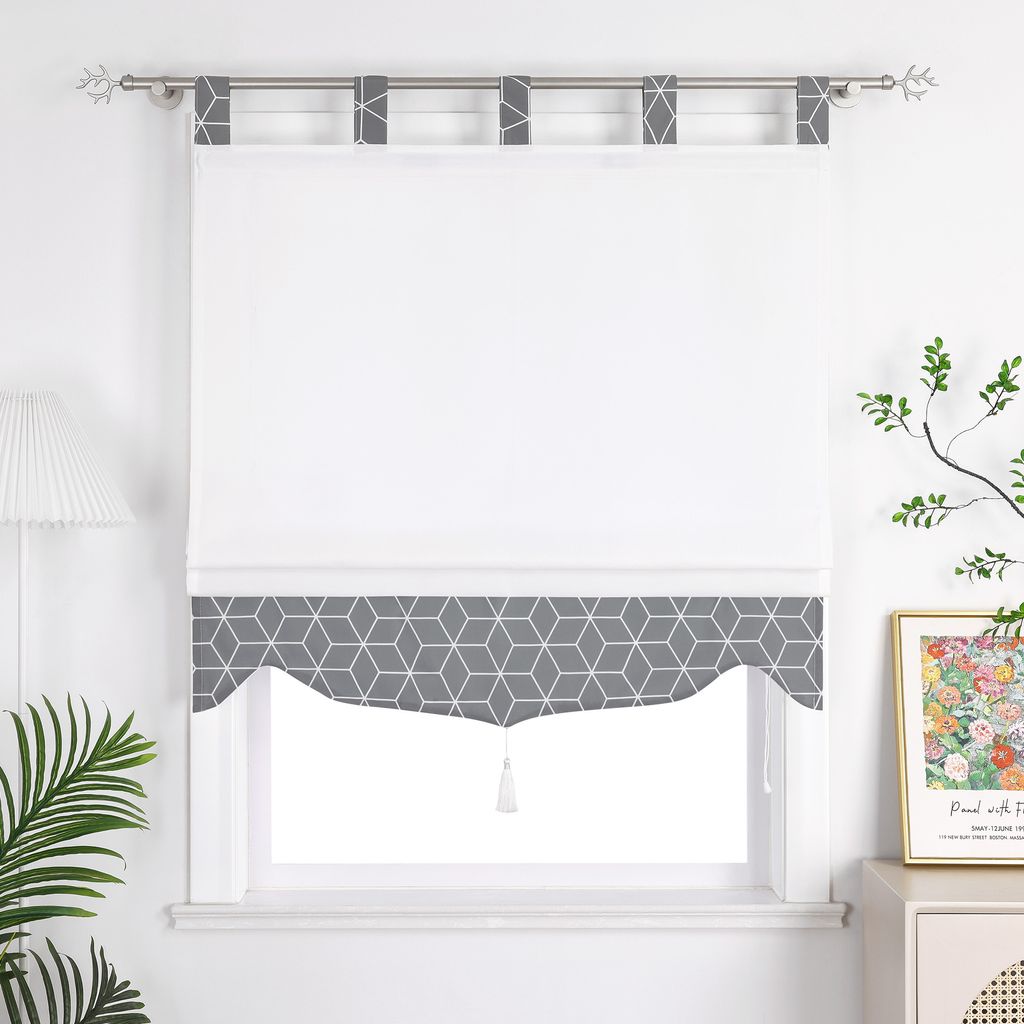 Joyswahl Raffrollo mit Schlaufen Raffgardine Küche Gardinen Blickdicht Vorhänge mit grauem Rautengittermuster Weiß BxH: 60x140 cm