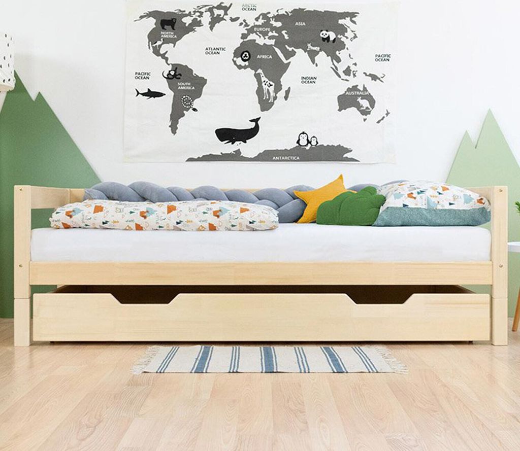 Under Bed Wooden Drawer with two cutouts BUDDY on Wheels - Natural decor - With slack - 80 x 140 cm (under bed 80 x 160 cm)