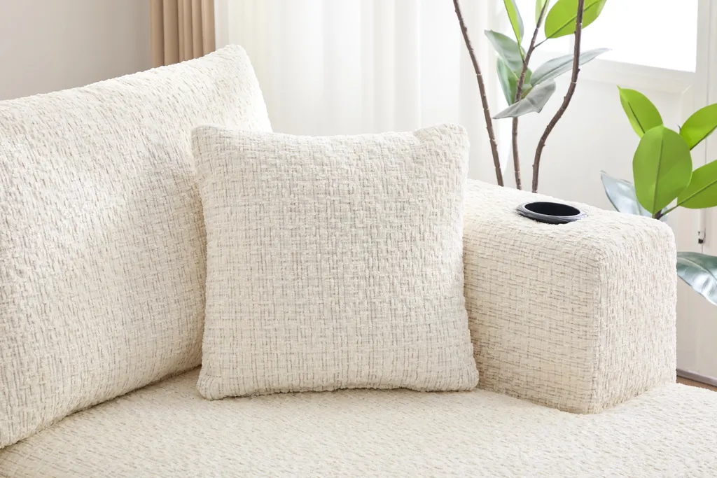 Canapé d'angle modulaire 261x165 cm en chenille beige avec mémoire de forme - 6