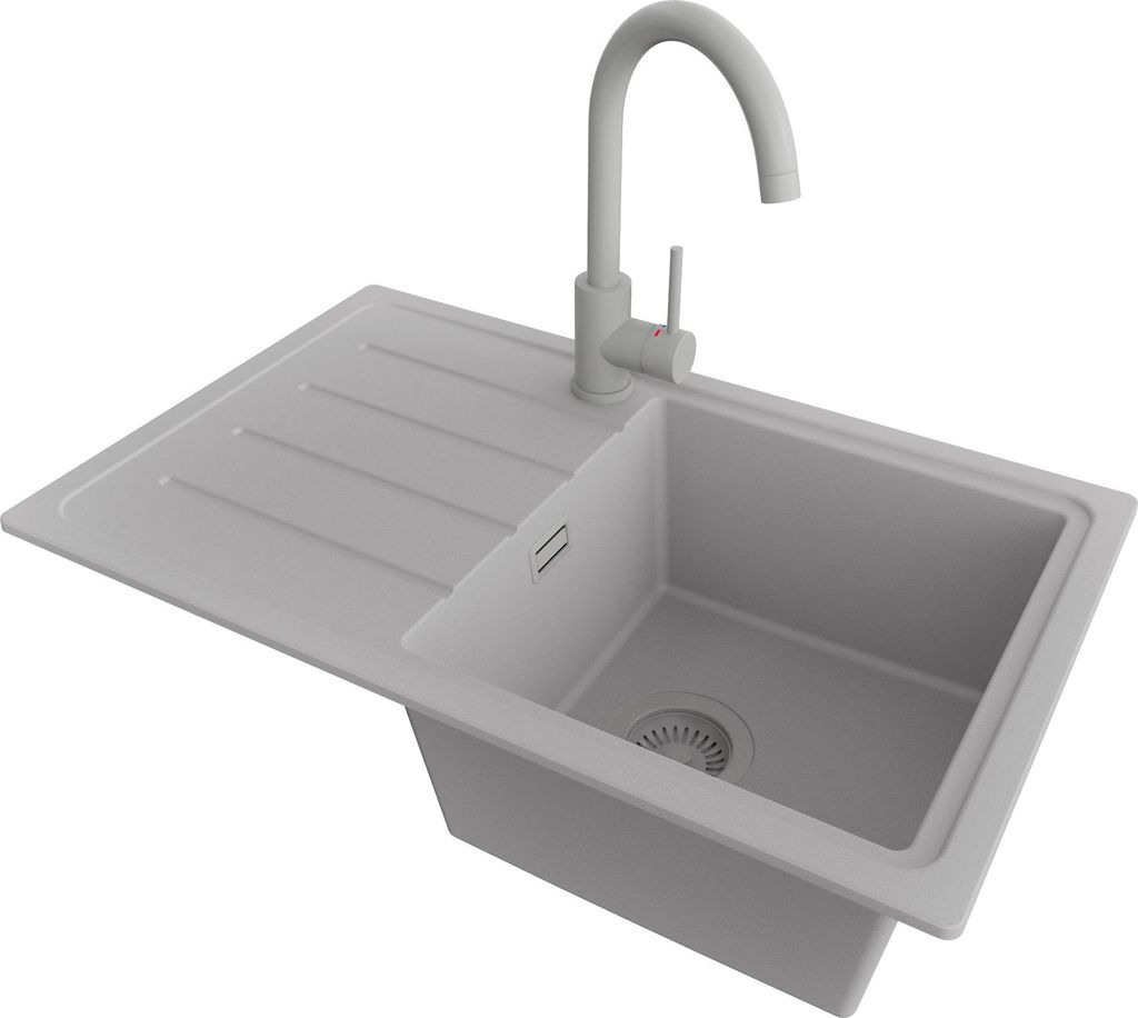 PRIMAGRAN Granitspüle Grau 70x44cm, Spülbecken 1 Becken + Küchenarmatur 32x20cm + Ablauf-Set, Küchenspüle ab 45er Unterschrank - Kopenhagen Easy