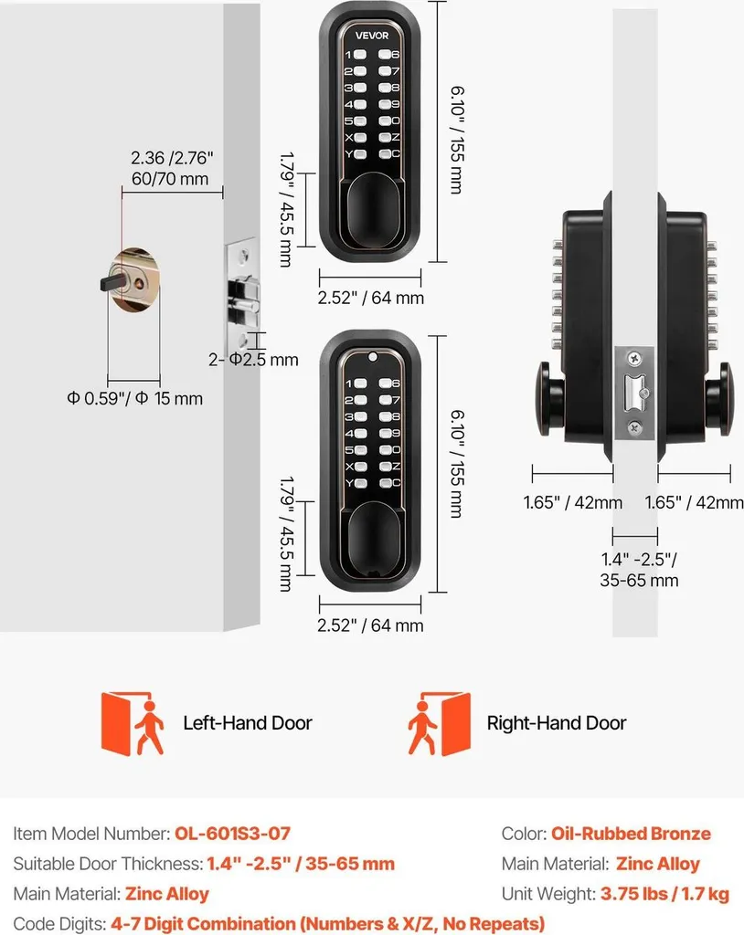 Serrure à Code pour Portail Extérieur sans Électricité Bronze Huilé 2.0