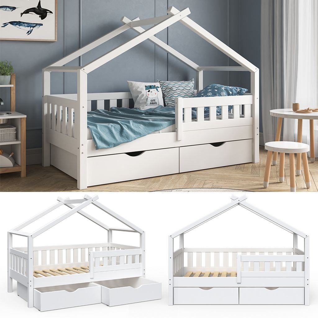 VITALISPA Kinderbett DESIGN Hausbett Schubladen und Lattenrost in weiß 90x200 