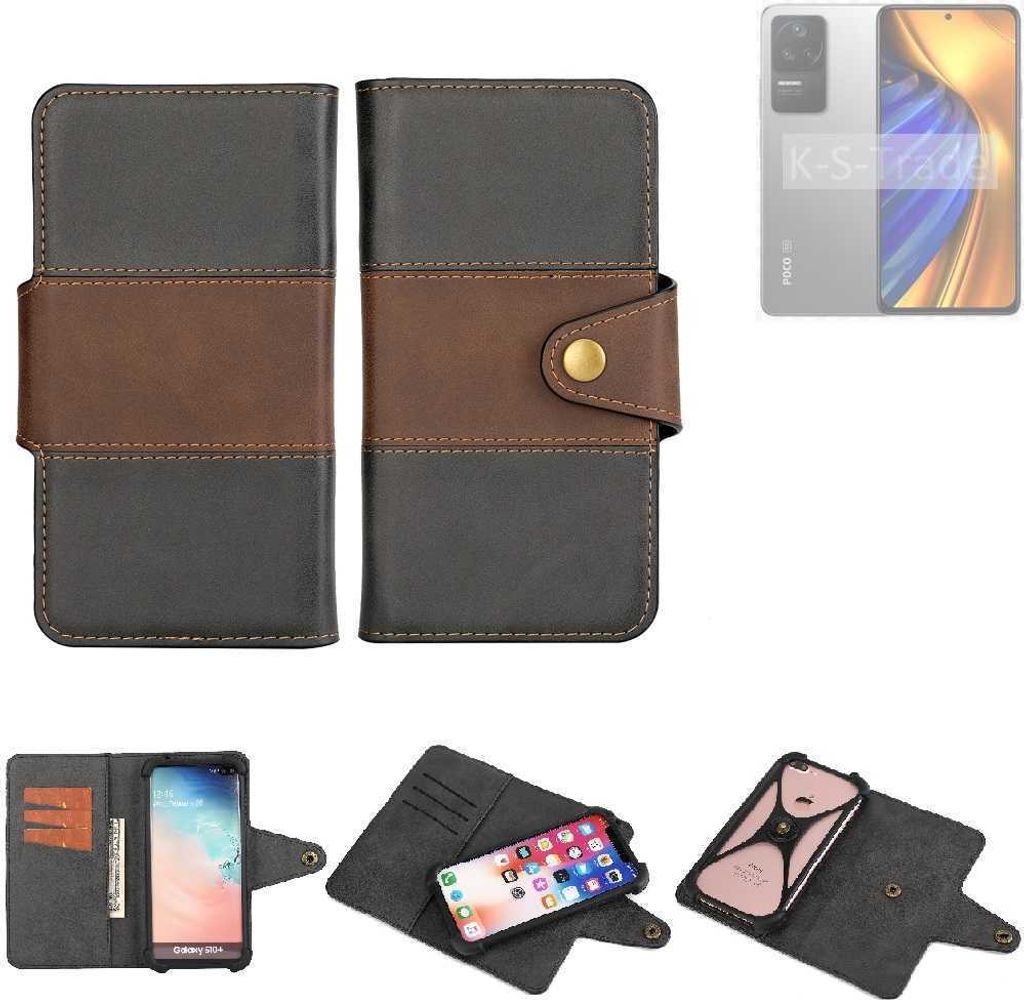 K-S-Trade Handyhülle Schutzhülle Hülle Bookstyle Wallet-Case kompatibel mit POCO F4 Bumper Rundumschutz schwarz-braun 1x