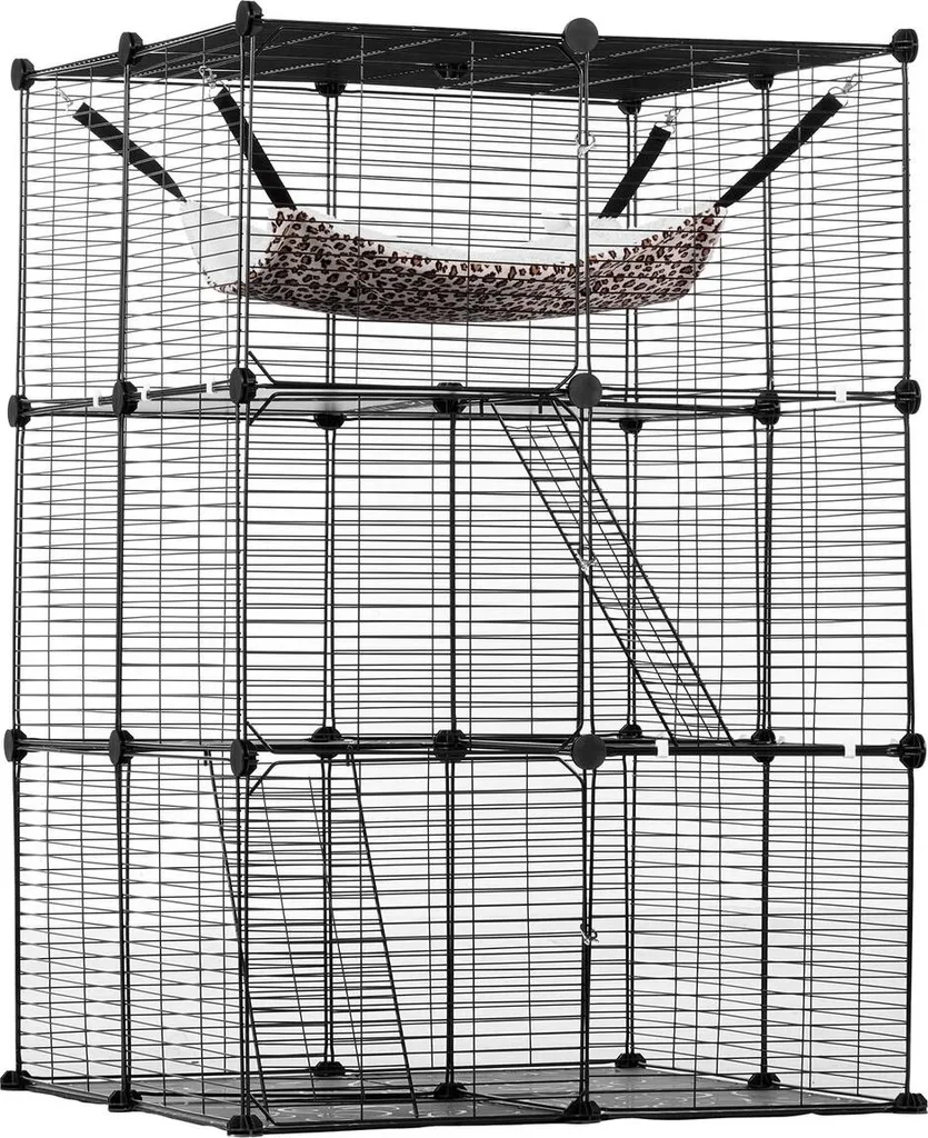 Grande cage pour chat à 3 niveaux 71x71x104 cm en métal noir modulable