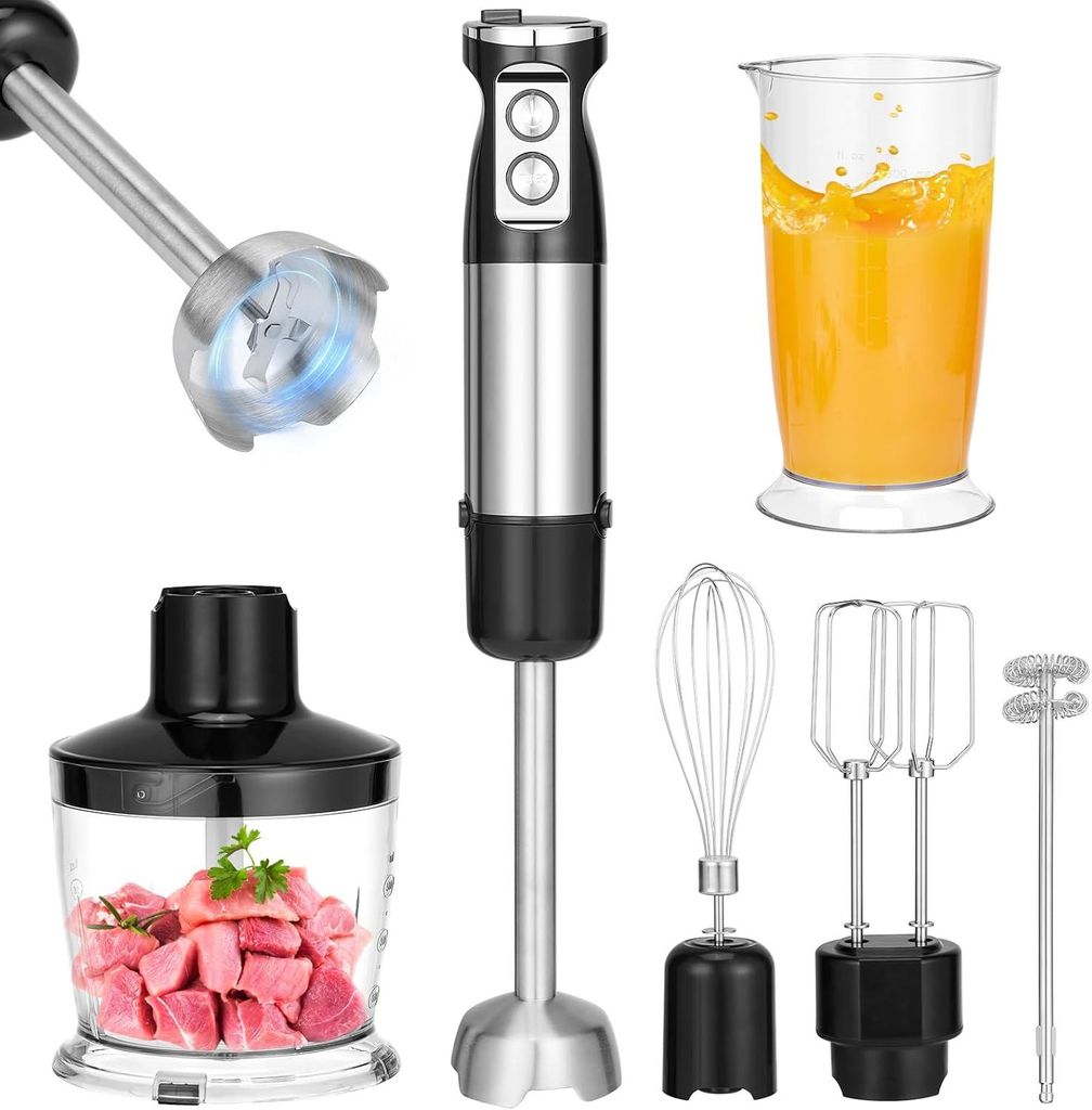 Stabmixer, 800W Edelstahl Mixer, 6-in-1 Stabmixer - Turbo-Funktion, Mixstab Pürierstab Quirl, 12 Geschwindigkeiten