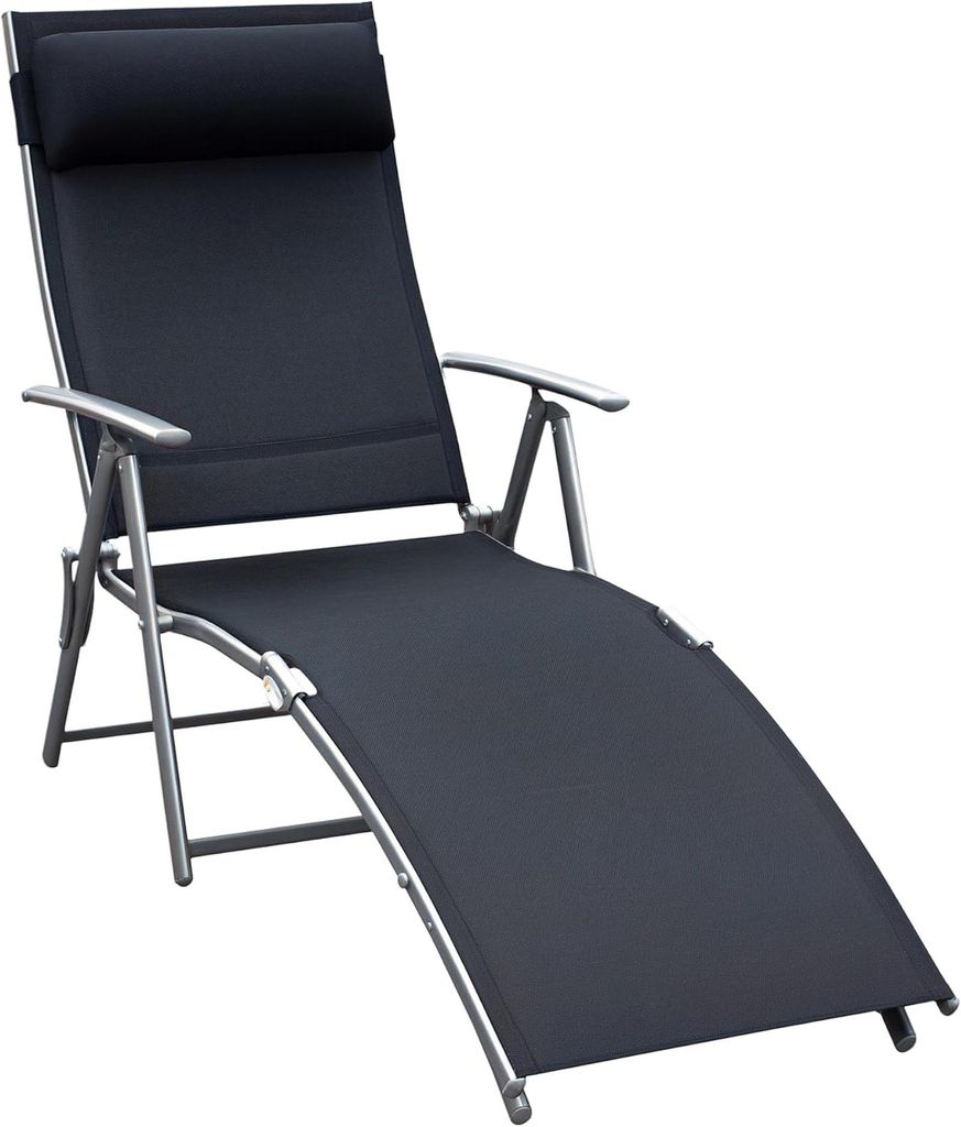 Sonnenliege klappbar 7-fach verstellbar mit Kopfkissen, bis 165 kg, Schwarz