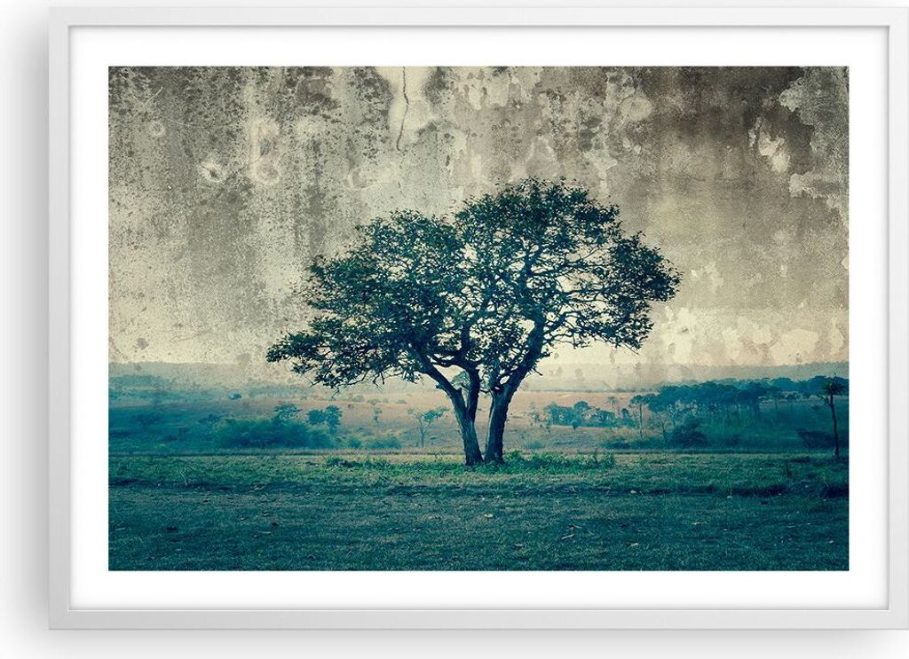 Gerahmtes Poster - Weißer Rahmen - Baum Natur Feld - 70x50 cm - Wand Bild - Wanddeko - Wandbilder - Kunstposter - Wandposter - Bilderrahmen - Bild...