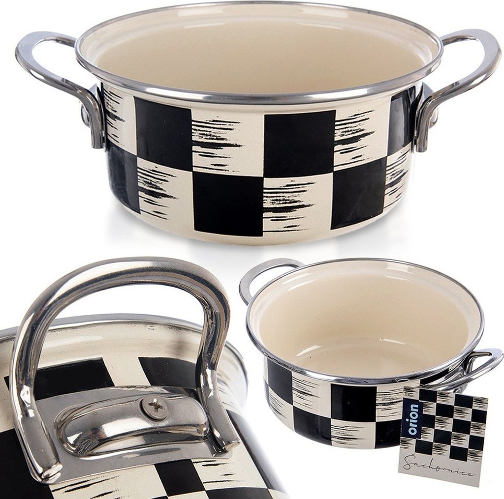 A collage of an enamel pot with a black and white checkered pattern.
