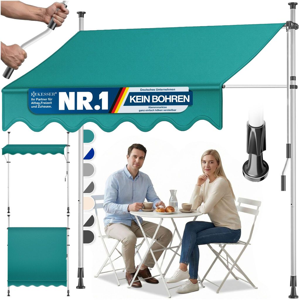 KESSER Klemmmarkise mit Handkurbel Balkon, Balkonmarkise ohne Bohren, UV-beständig höhenverstellbar wasserabweisend , Sonnenschutz, Terrassenü...