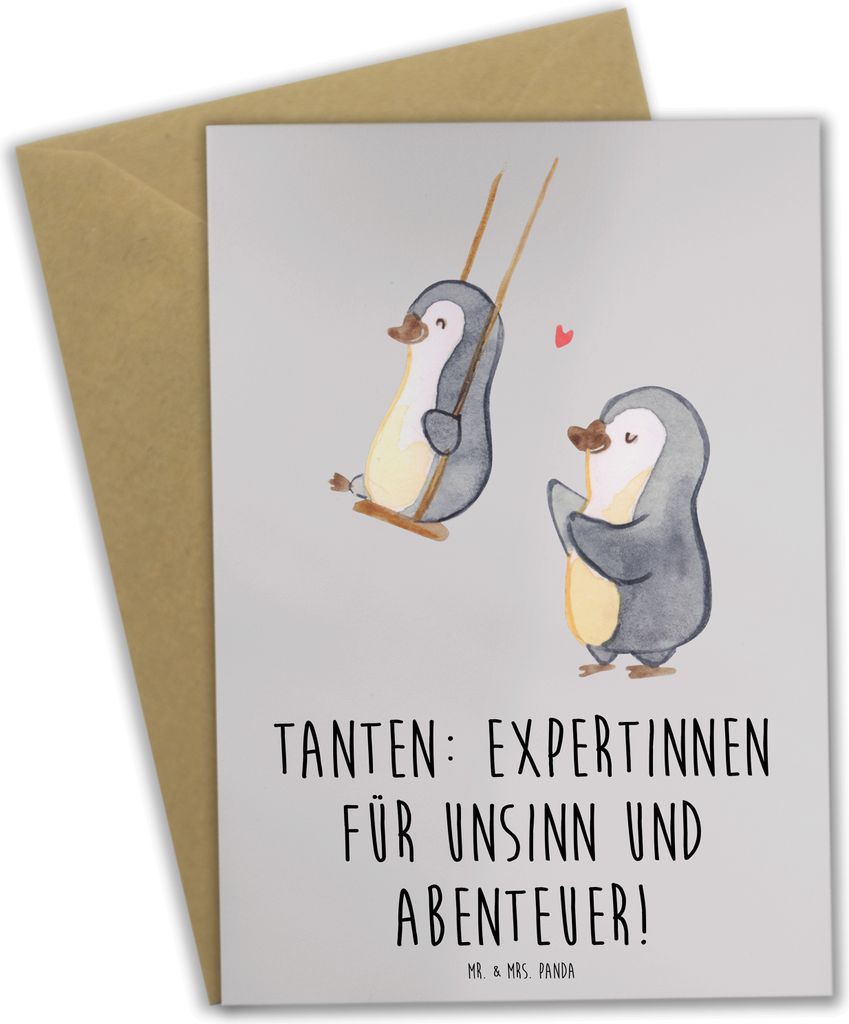 Mr. & Mrs. Panda Grußkarte Tante Abenteuer - Grau Pastell - Geschenk, Grußkarten, osterkarten, einzigartige Designs, Neffe, Nichte, einladungskar...