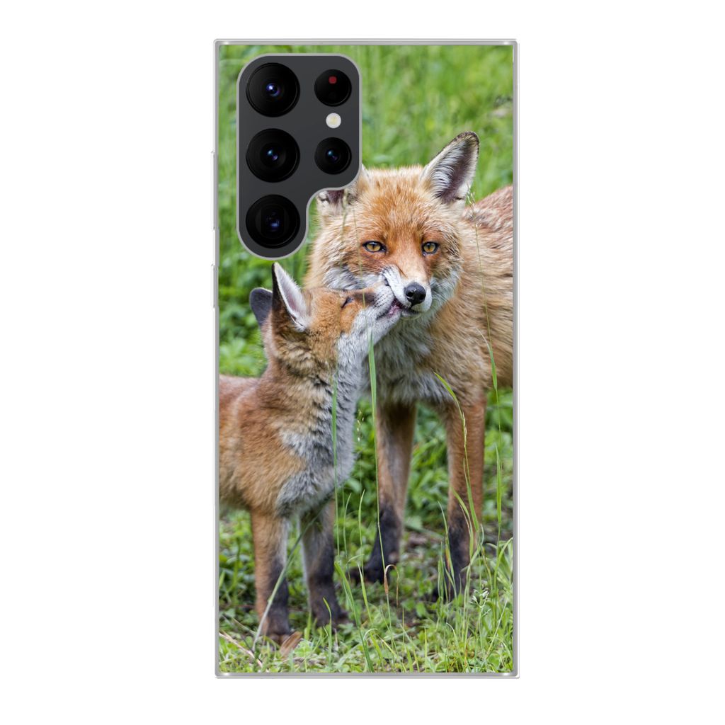 MuchoWow Handyhülle Schutzhülle Hülle für Samsung Galaxy S22 Ultra Füchse - Kind - Gras Silikon Softcase Handy Hülle - Abbildung
