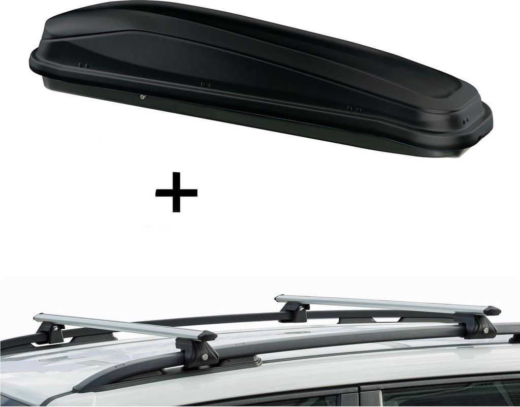 Dachbox JUEASY300 300Ltr schwarz + Relingträger CRV135 kompatibel mit Infiniti QX70 13-17