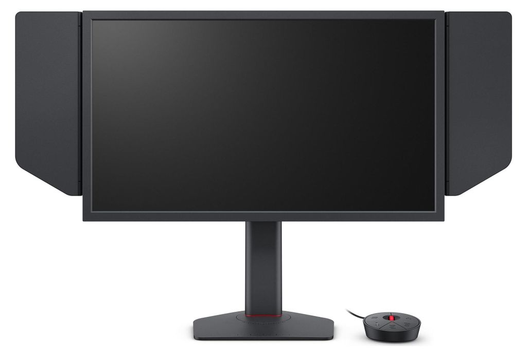 A computer monitor with side shields and a control puck is shown against a white background.