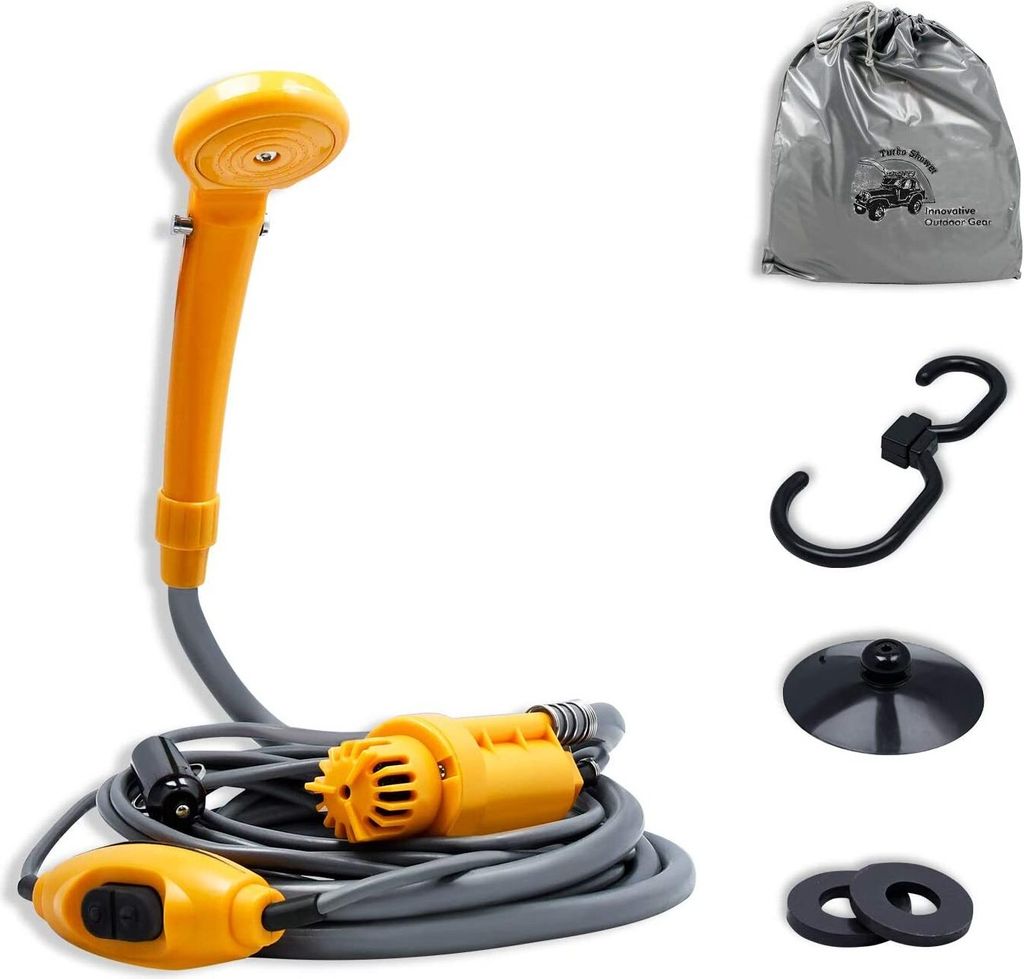 A portable camping shower kit, including the shower head, pump, hose, and accessories, laid out on a white background.