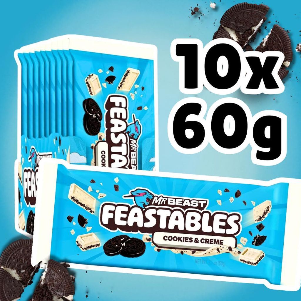 Mr Beast Feastables Cookies & Cream Schokolade – 10 Riegel – 10×60 g