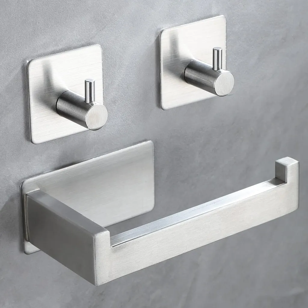 Porta rotolo di carta igienica senza trapano, porta rotolo di carta igienica autoadesivo in acciaio inox con 2 ganci per asciugamani, porta carta igienica per bagno e cucina, argento