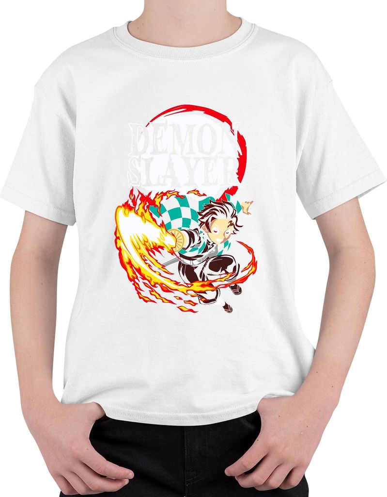 Demon Slayer Tanjiro Feuer Atem Kampf Anime Geschenk Shonen Uni Kinder T-Shirt, Weiß, 140