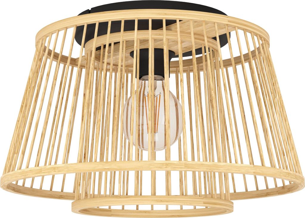 EGLO Deckenlampe Hykeham, Deckenleuchte mit 2 Lampenschirmen aus Bambus, Boho Wohnzimmerlampe aus natürlichem Holz und Metall, Holzlampe, E27 Fassung