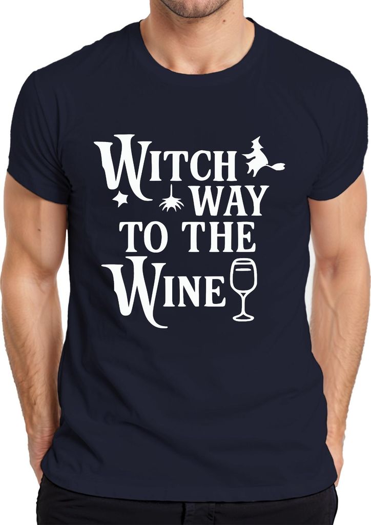 Witch way to the wine Halloween Hexen Weinglas Wein Geschenk Herren T-Shirt, Navy, L
